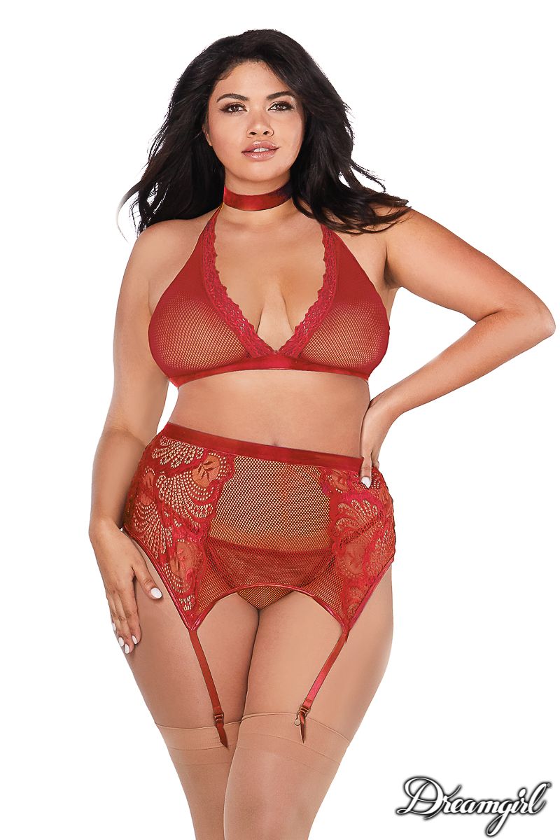 Halter Tie-neck Fishnet Bra Set