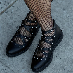TUK Black Studded Cross Strap Mary Jane