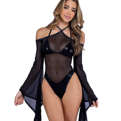 Sheer Mesh Romper with Bell Sleeves