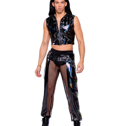 Vinyl with Iridescent Print Cropped Zip-Up Hooded Sleeveless Jacket