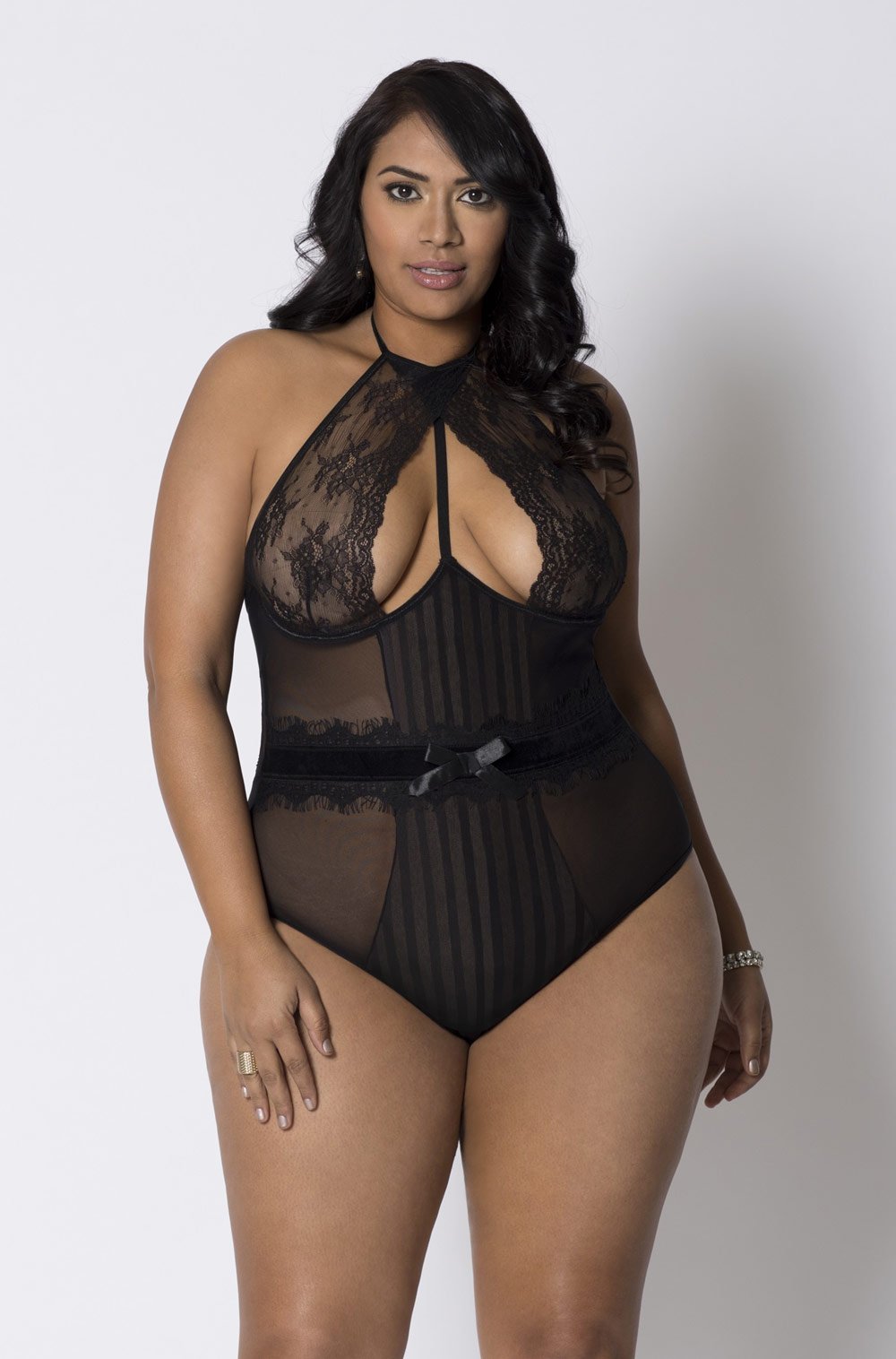 Open Halter Lace & Stripe Mesh Teddy
