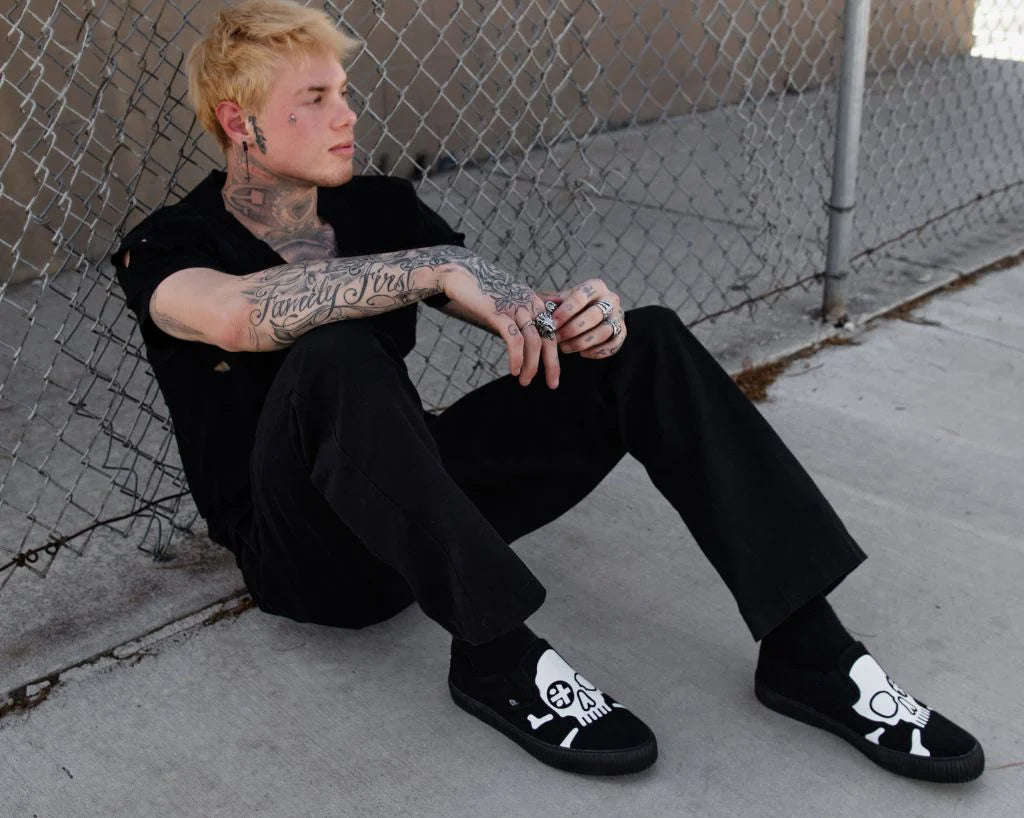 TUK Black Skull Canvas Slip-On Sneaker