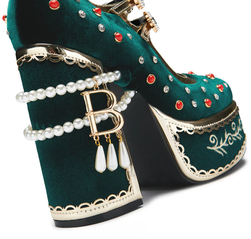 KOI Boleyn’s Revenge Bejewelled Velvet Heels - Green-Clearance