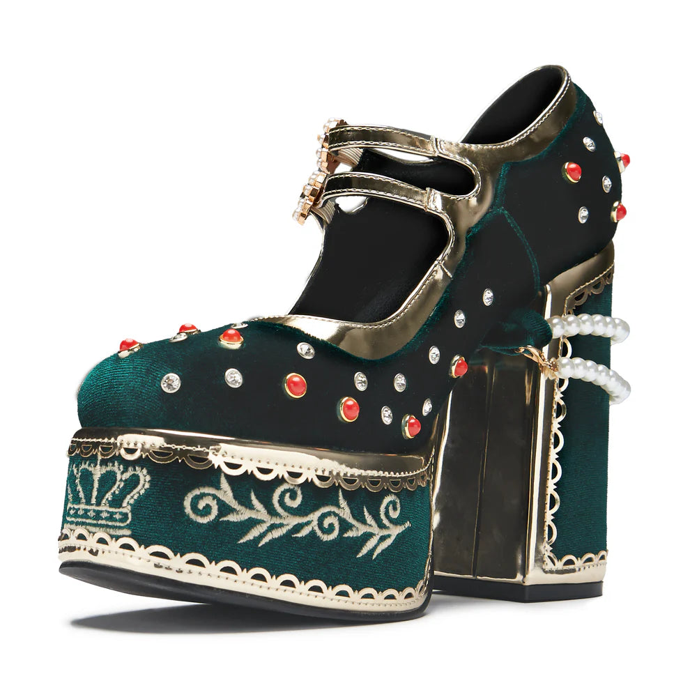 KOI Boleyn’s Revenge Bejewelled Velvet Heels - Green-Clearance