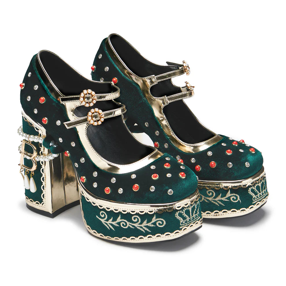 KOI Boleyn’s Revenge Bejewelled Velvet Heels - Green-Clearance