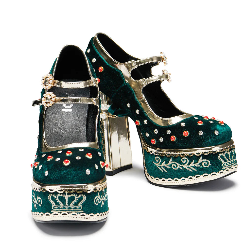 KOI Boleyn’s Revenge Bejewelled Velvet Heels - Green-Clearance