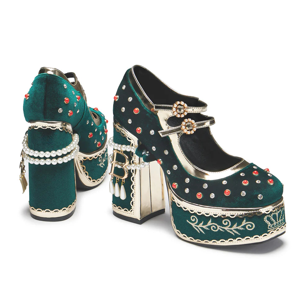 KOI Boleyn’s Revenge Bejewelled Velvet Heels - Green-Clearance