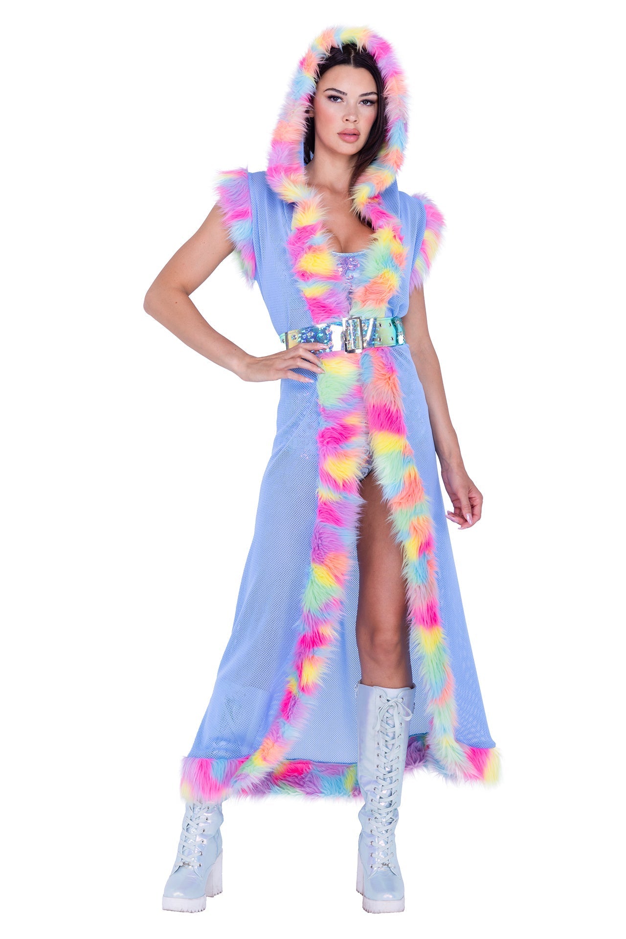 Fur Trimmed Fishnet Duster with Belt