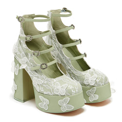 Wild Lotus Butterfly Lace Platform Heels - Green