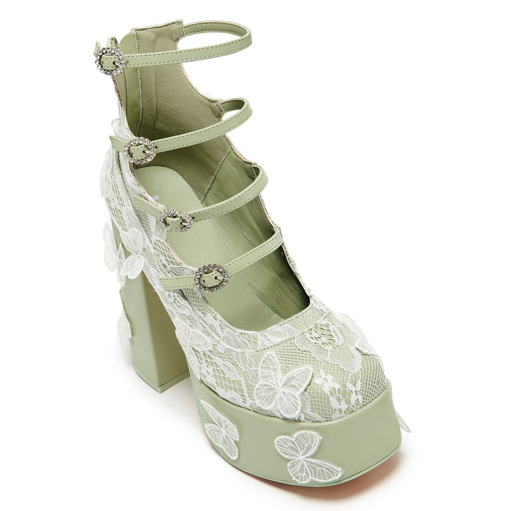 KOI Wild Lotus Butterfly Lace Platform Heels - Green