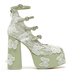 Wild Lotus Butterfly Lace Platform Heels - Green