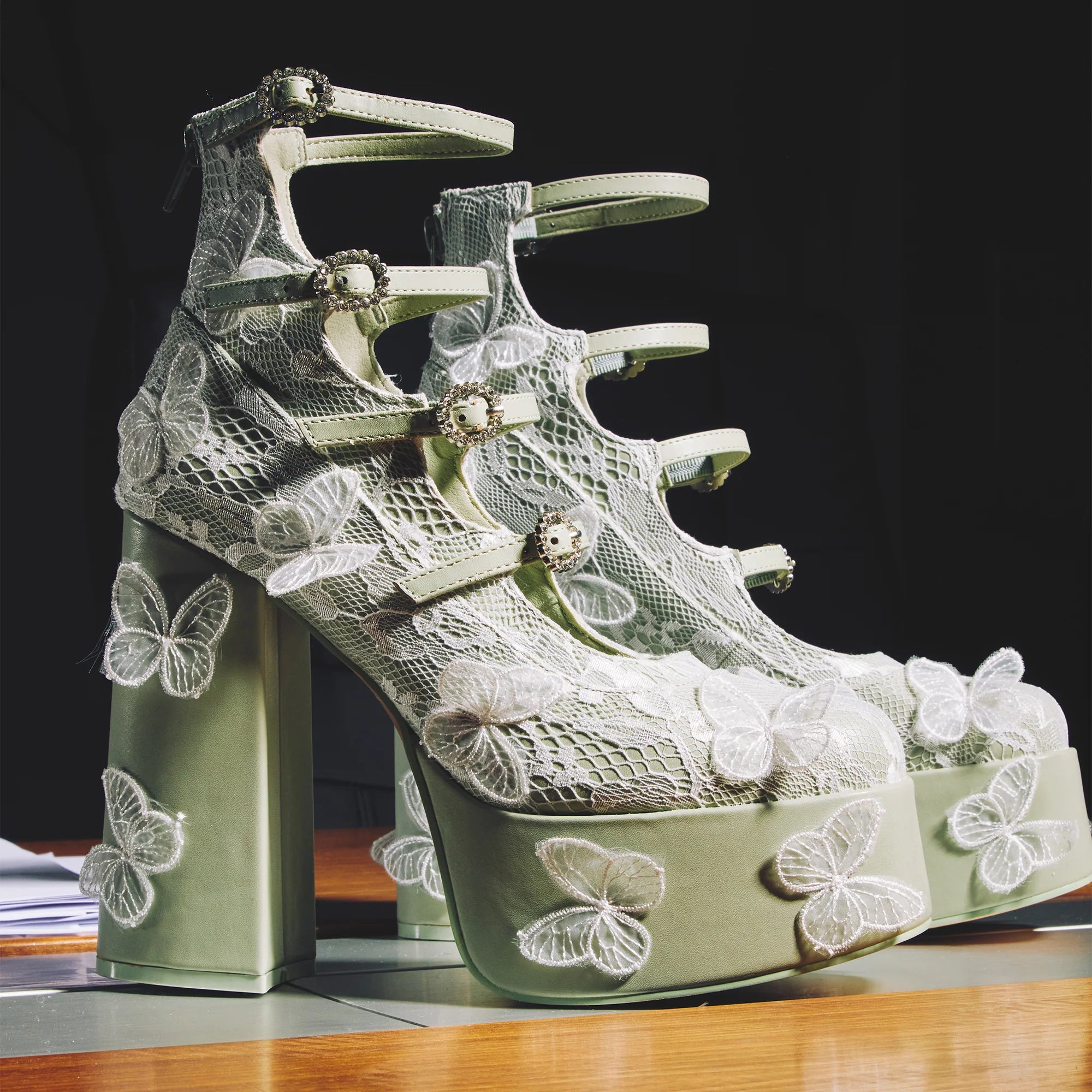 KOI Wild Lotus Butterfly Lace Platform Heels - Green