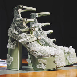 Wild Lotus Butterfly Lace Platform Heels - Green