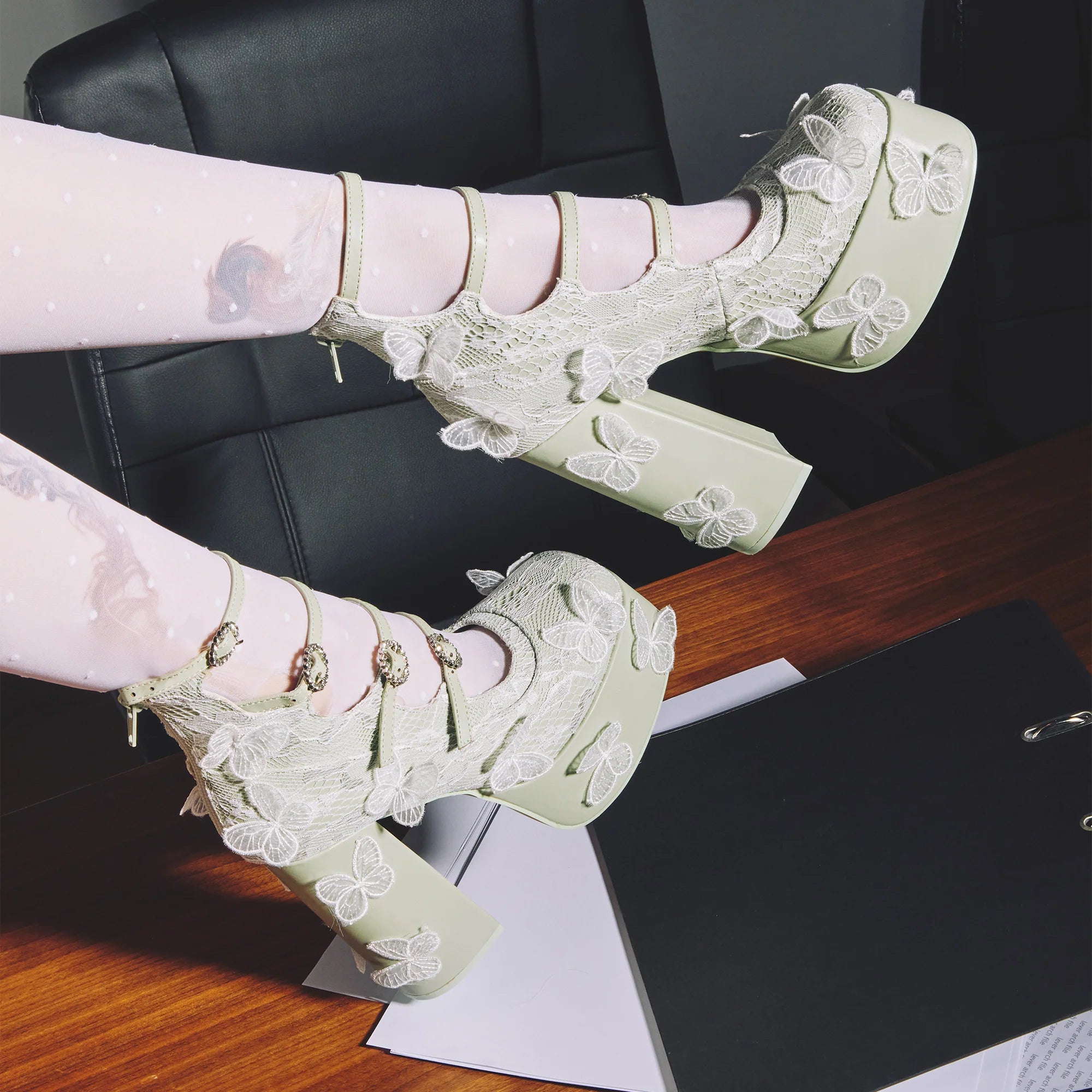 KOI Wild Lotus Butterfly Lace Platform Heels - Green