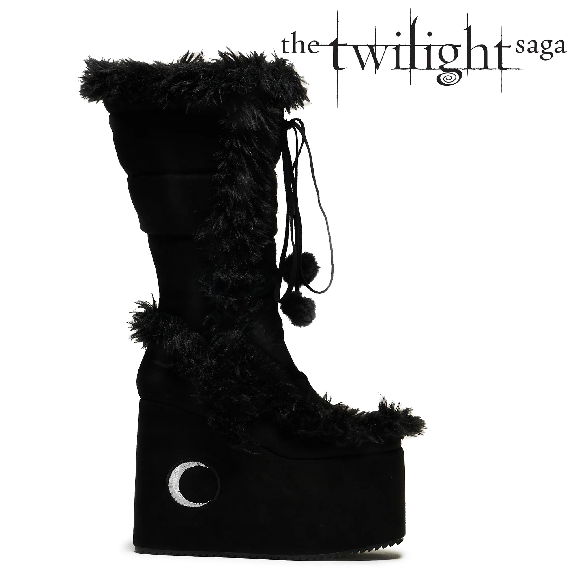 La Push Crescent Platform Faux Fur Long Boots - Black