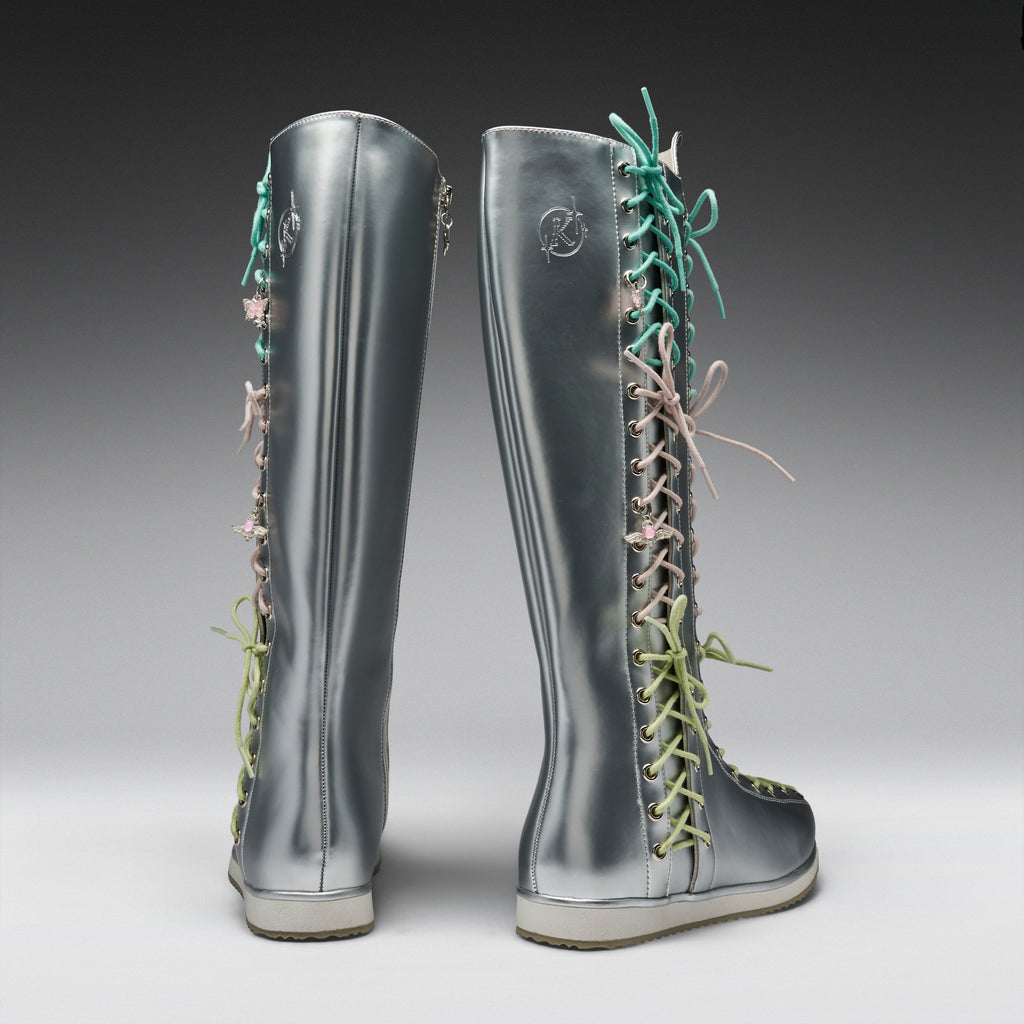 KOI Numinous Lace Up Charm Long Boots -Silver