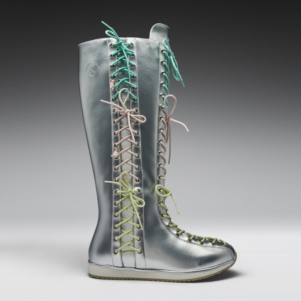KOI Numinous Lace Up Charm Long Boots -Silver