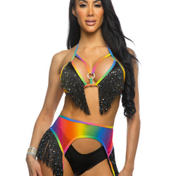 Rainbow Fringe Top, Garter & Short Set