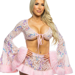 Sequin Faux Fur Trimmed Wrap Top