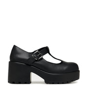 Black Platform Mary Janes - Faux Leather - Single Strap - Heeled