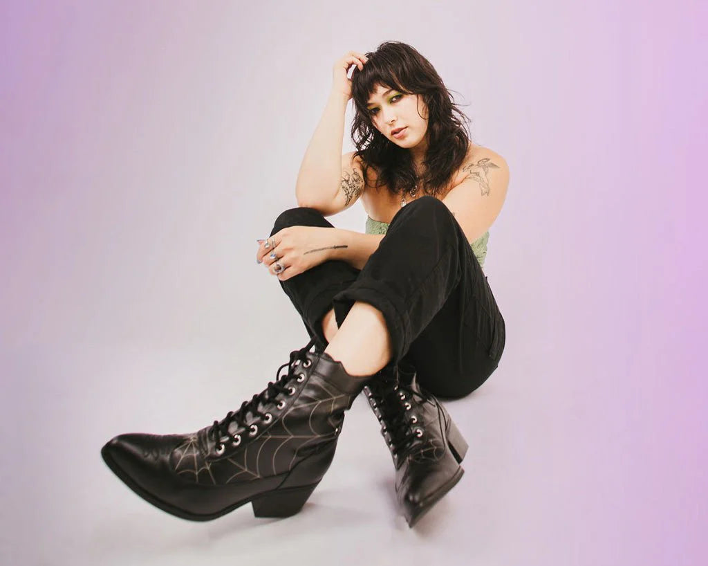 TUK Black Victorian 8-Eye Spiderweb Pointed Anarchic Heel