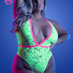 High Leg UV Reactive Lace Teddy