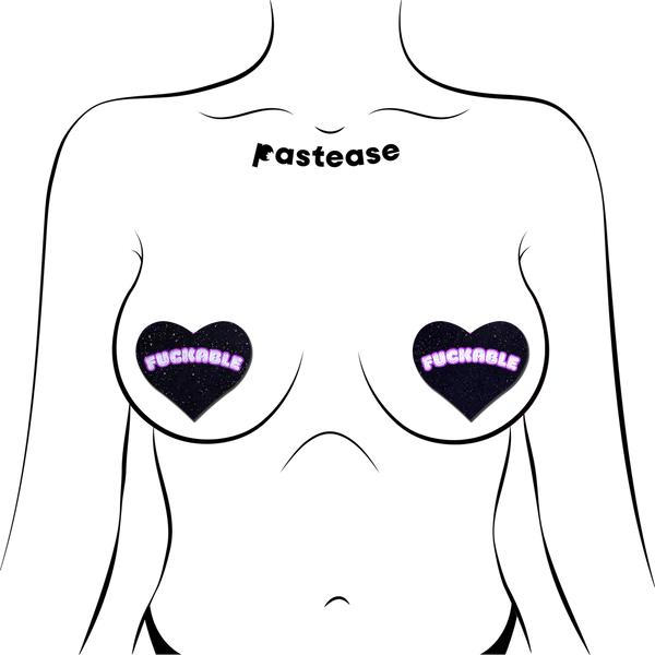 F*CKABLE' Heart Breast Pasties on Black Glitter Velvet