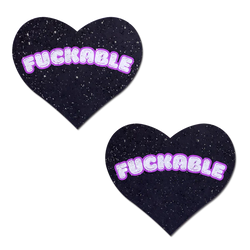 F*CKABLE' Heart Breast Pasties on Black Glitter Velvet