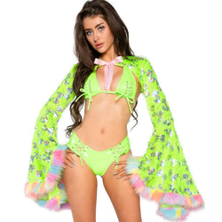 Faux Fur Trimmed Sequin Bell-Sleeve Shrug