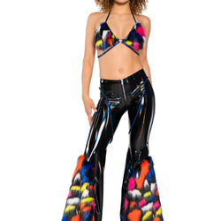 Holo PVC/Faux Fur Bell-Bottom Pants