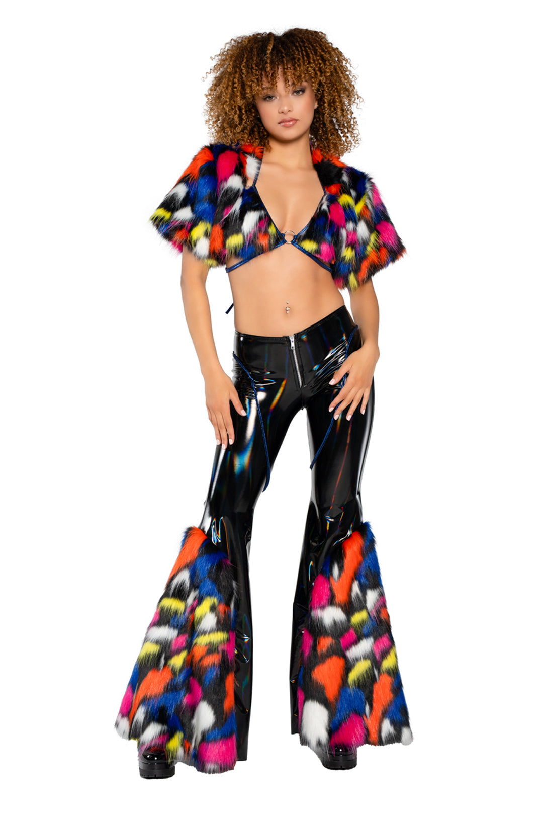 Holo PVC/Faux Fur Bell-Bottom Pants