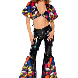 Holo PVC/Faux Fur Bell-Bottom Pants