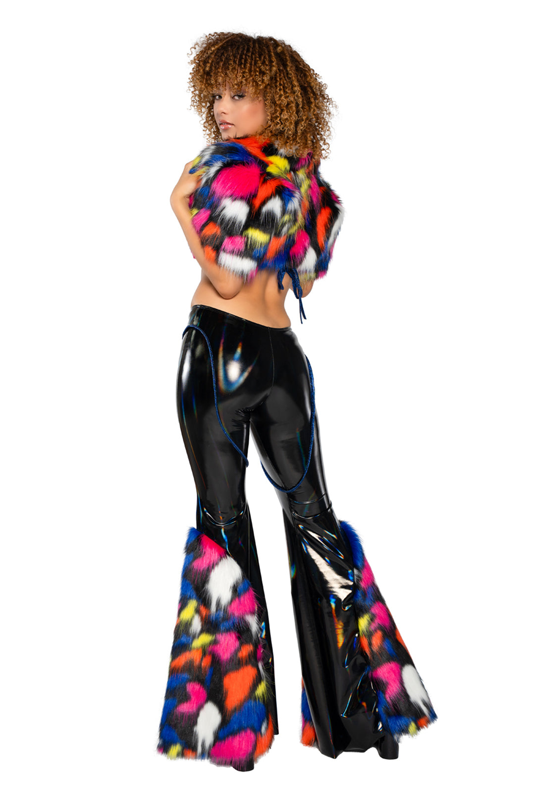 Holo PVC/Faux Fur Bell-Bottom Pants