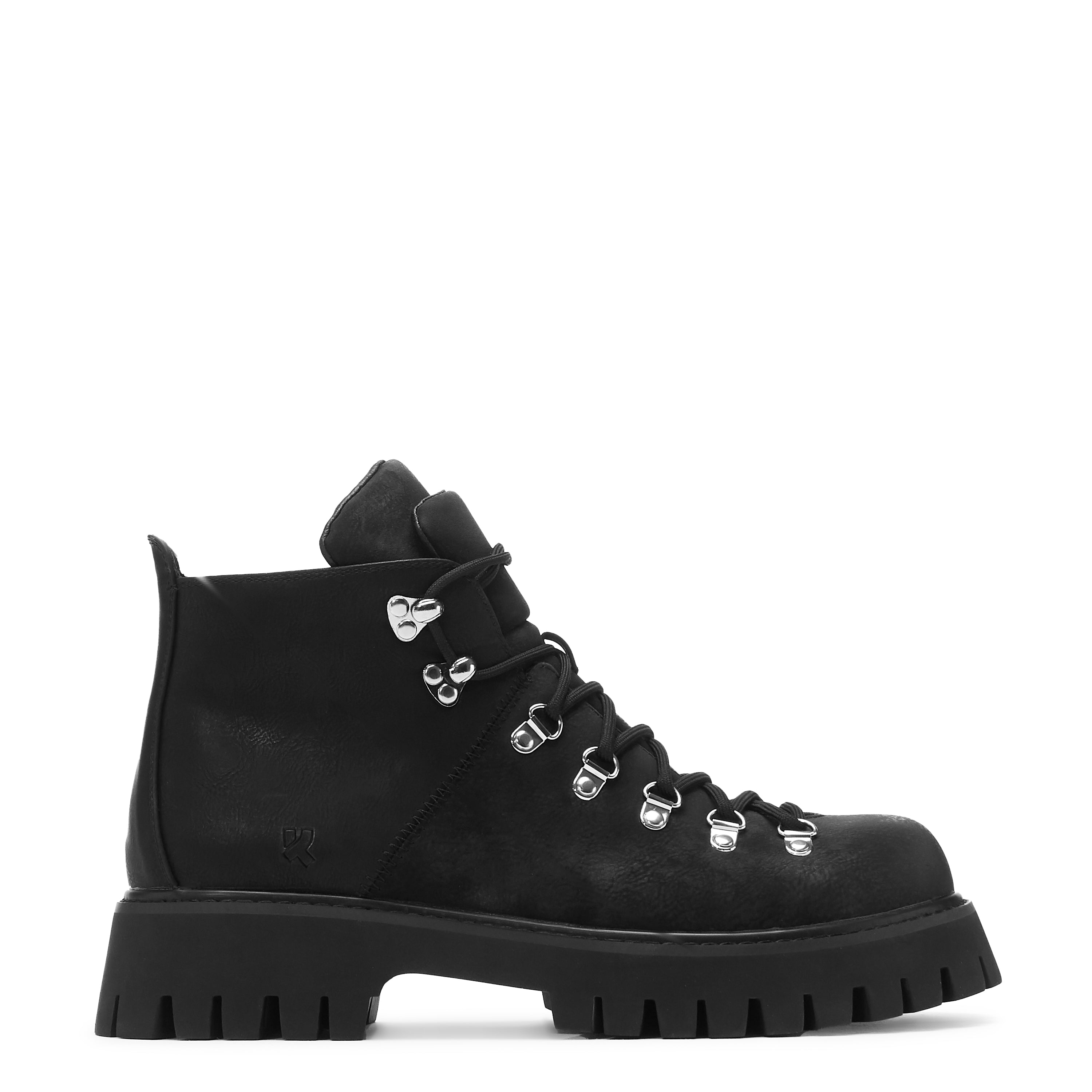 A pair of men's black lace-up boots with a chunky sole.