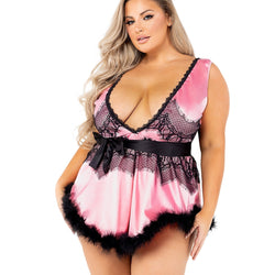 2PC Satin & Lace Babydoll with Tie & Faux Feather Detail